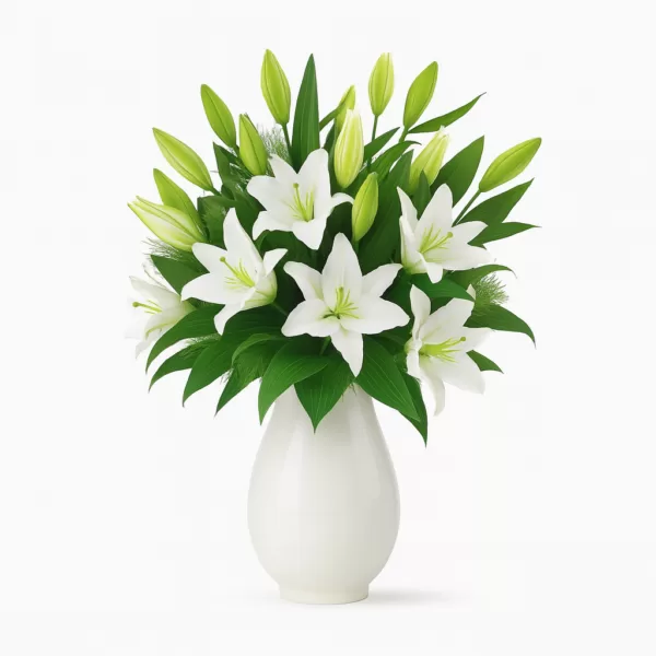 Buchet de crini imperiali, flori albe elegante, aranjament floral sofisticat.