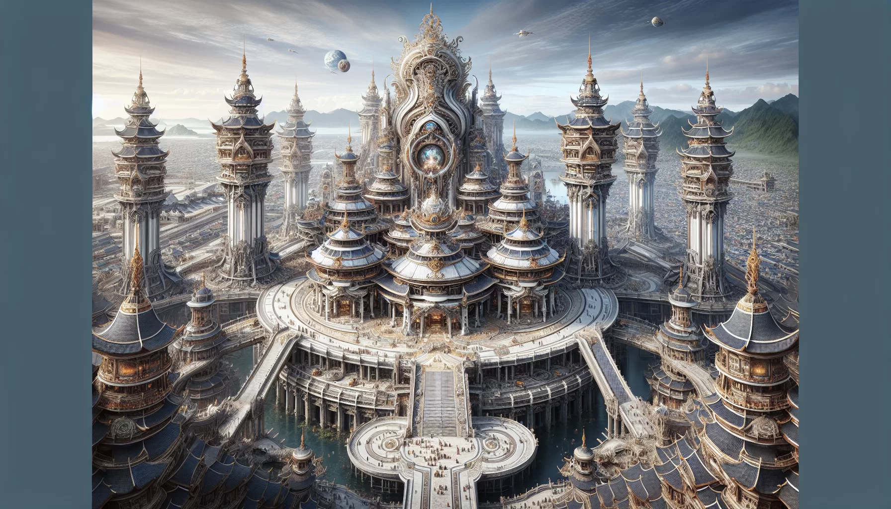 Ilustrație digitală cu un palat futurist monumental, cu turnuri înalte, deasupra unui oraș și a unor canale, cu munți la orizont.
