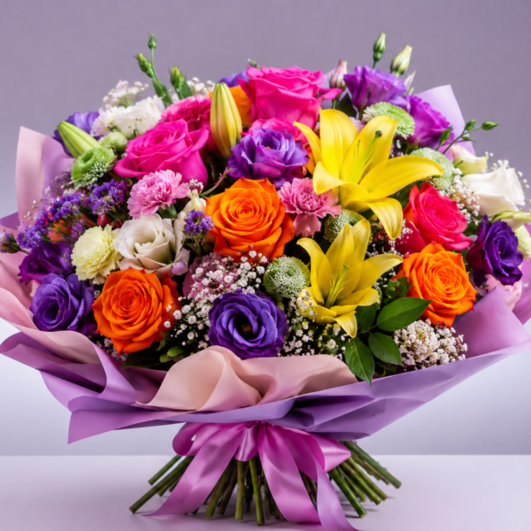 Buchet flori colorate cu trandafiri roz și portocalii, crini galbeni și flori mov, împachetat în hârtie mov cu fundă