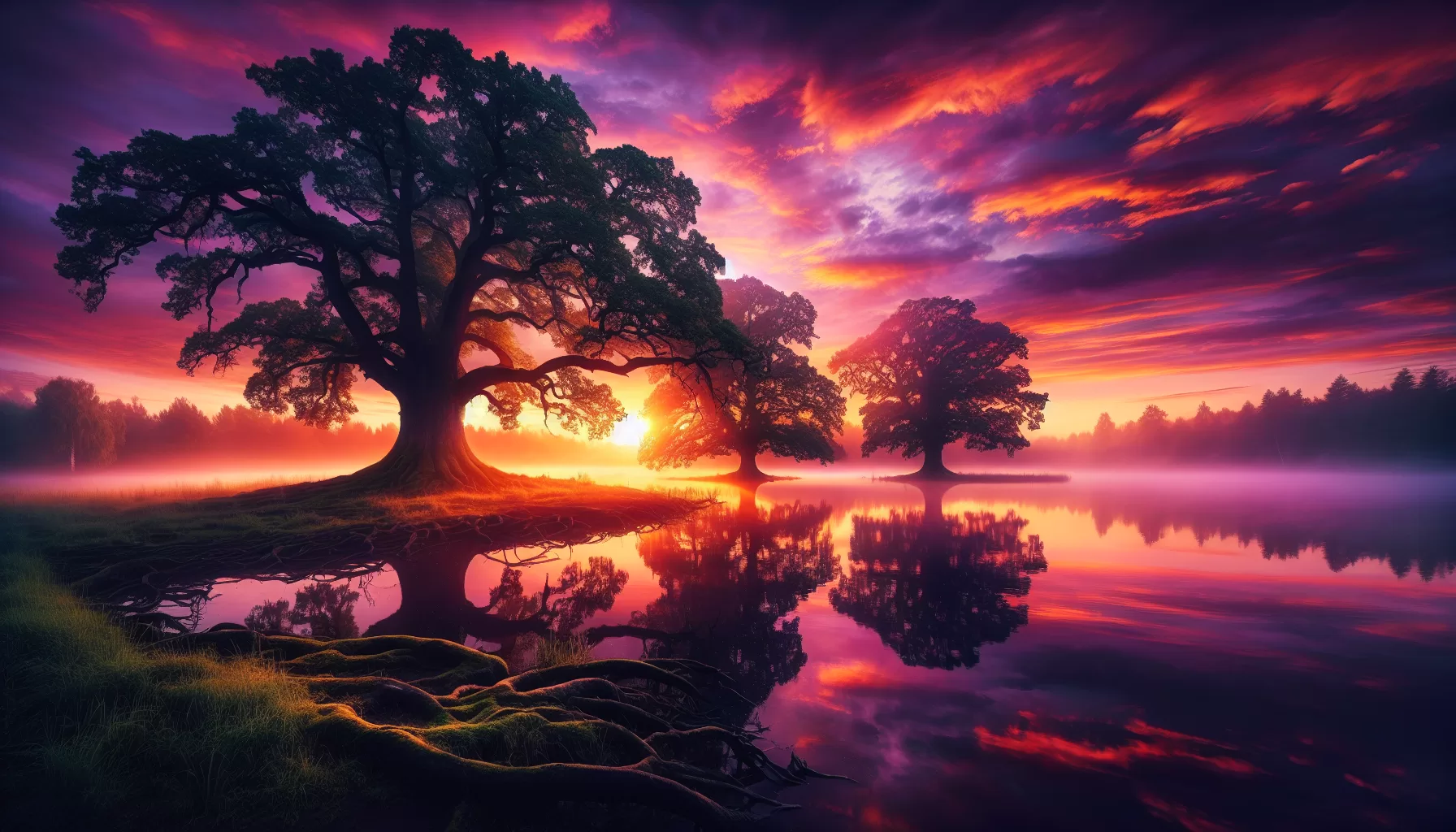 Peisaj la apus cu copaci pe malul unui lac, cu cerul colorat reflectat în apă.