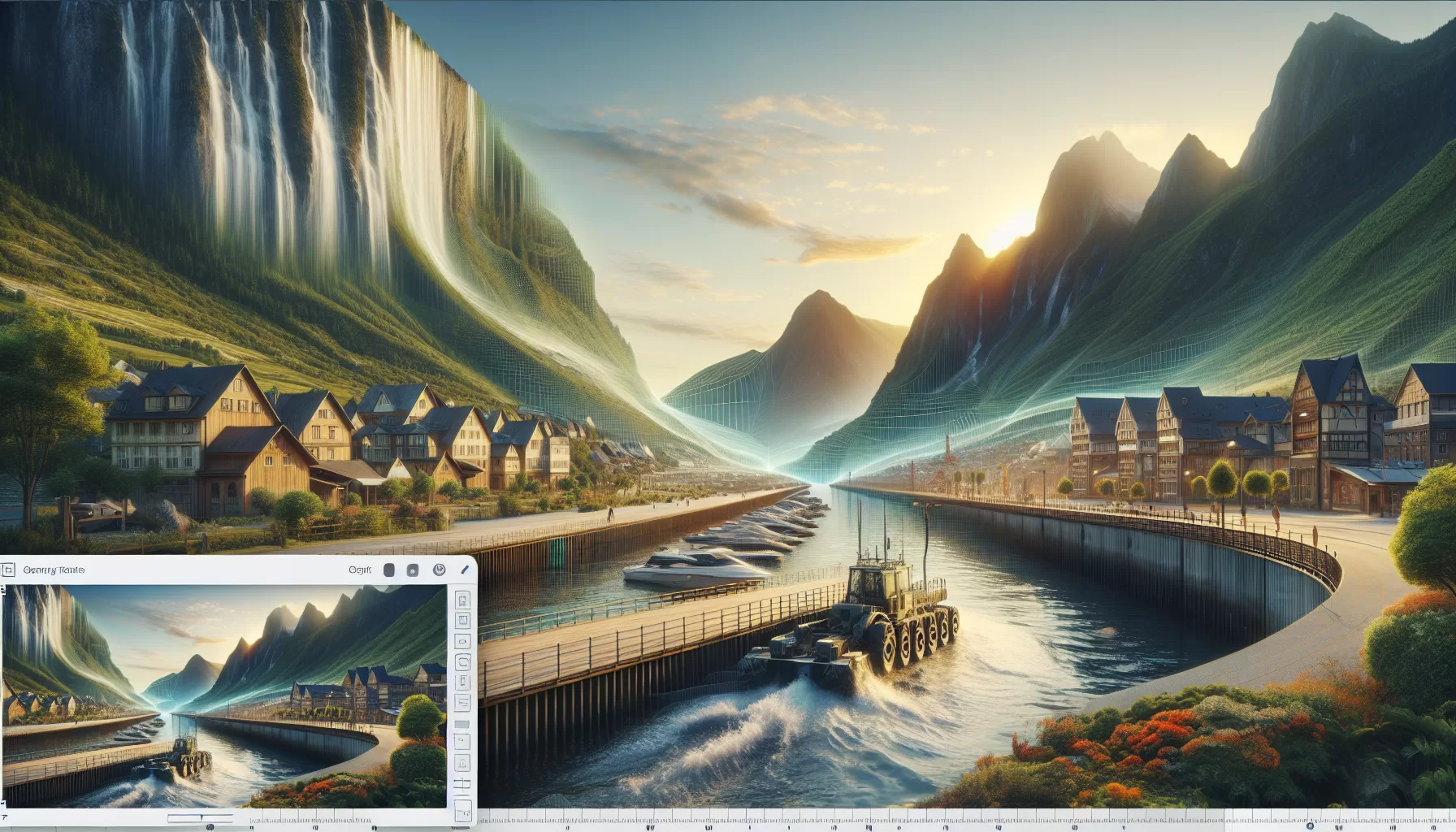 Ilustrație digitală cu fiord între munți, cascade, sat pe maluri și un remorcher pe canal; în colț se vede o interfață de editare cu previzualizare.