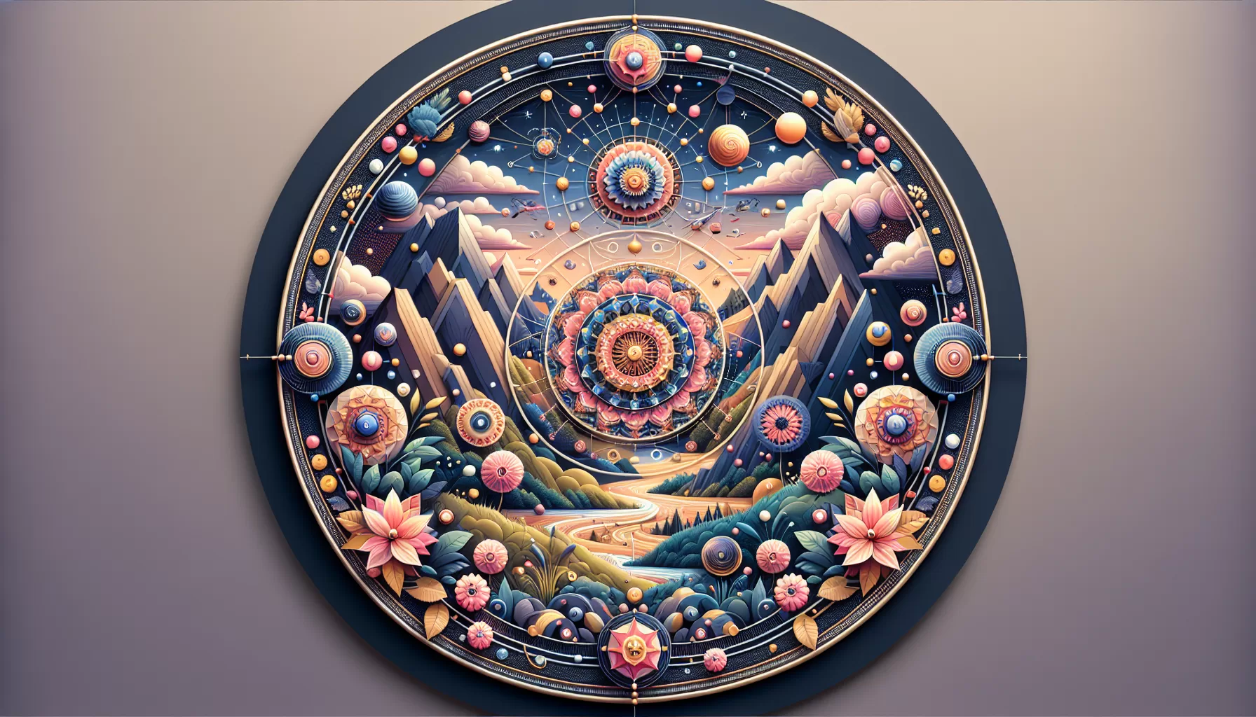 Ilustrație circulară tip mandală cu munți, râu și flori decorative, înconjurată de sfere asemănătoare planetelor
