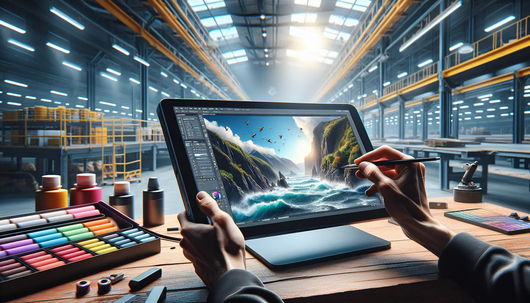 Persoană desenând pe o tabletă grafică o ilustrație cu munți și valuri, într-un atelier industrial.
