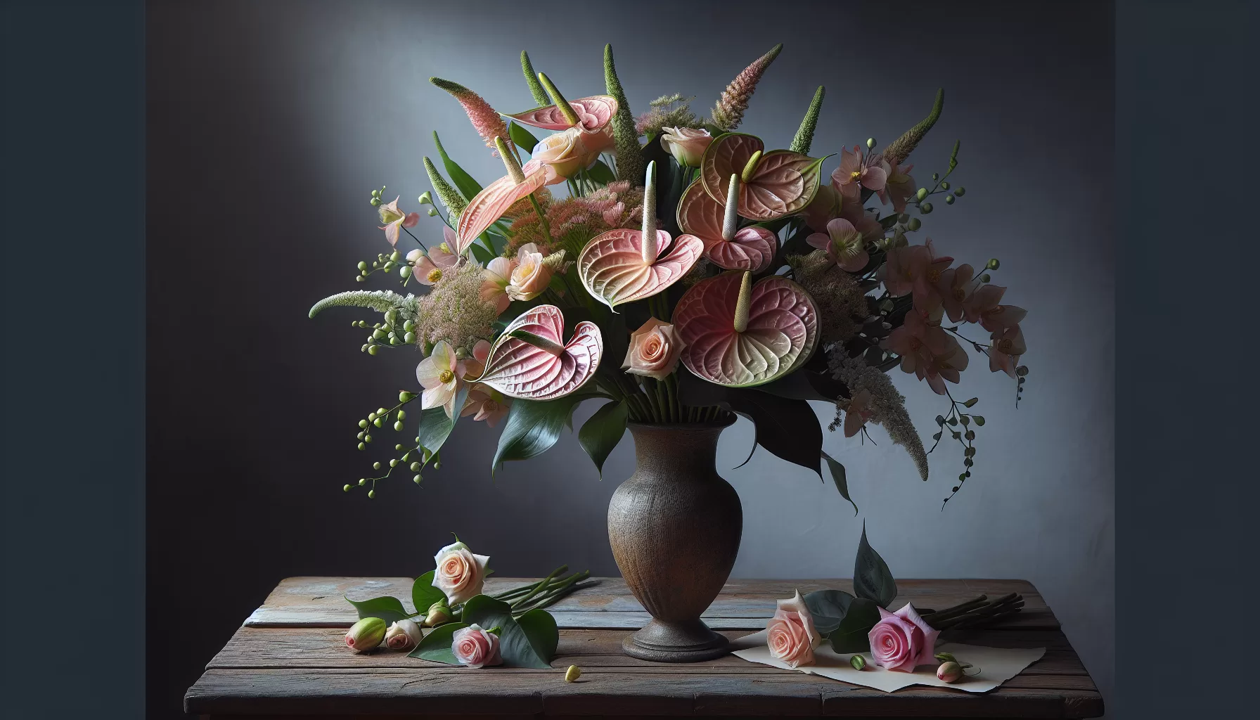 Aranjament floral romantic cu anthurium roz și trandafiri, într-o vază pe o masă din lemn