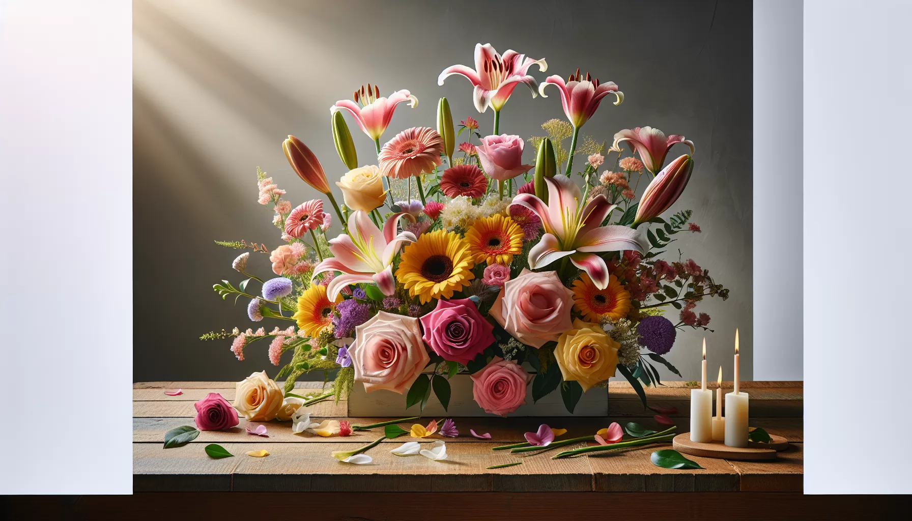 Aranjament floral în cutie cu crini, trandafiri și gerbera, pe masă din lemn, lângă trei lumânări aprinse.