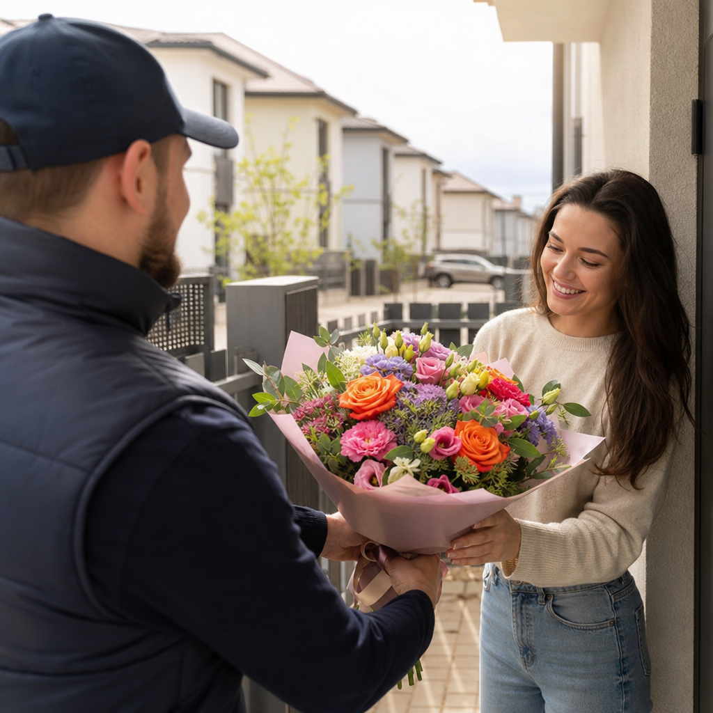 livrare flori Bragadiru - Buchet colorat de flori de sezon, livrat într-un cartier rezidențial din Bragadiru, cu fundal urban local. - Florărie Bragadiru - imagine explicativă