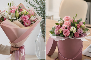 Avantajele aranjamentelor cu flori in cutie fata de buchetele clasice si sa le alegi - Imagine tip comparativ, luminoasă: în stânga un buchet clasic (ambalaj premium, ținut în mână