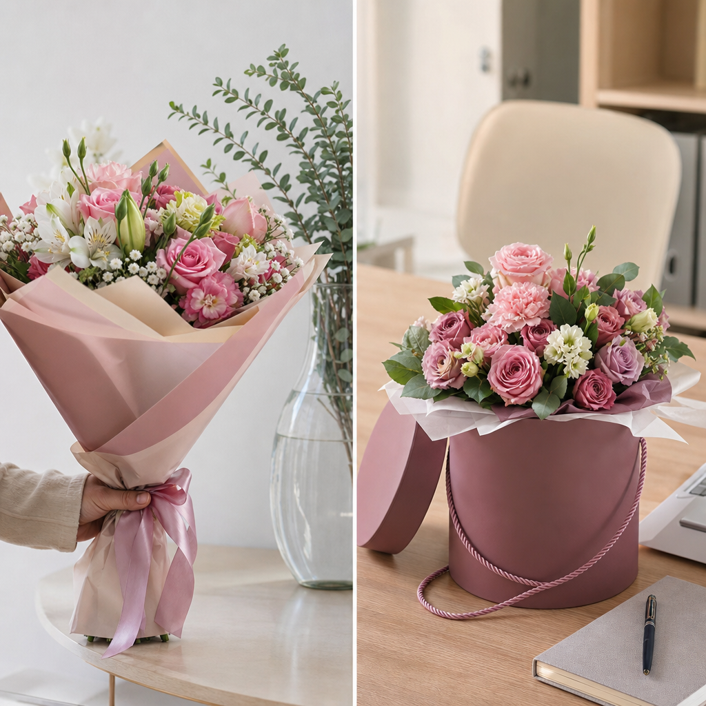 Avantajele aranjamentelor cu flori in cutie fata de buchetele clasice si sa le alegi - Imagine tip comparativ, luminoasă: în stânga un buchet clasic (ambalaj premium, ținut în mână