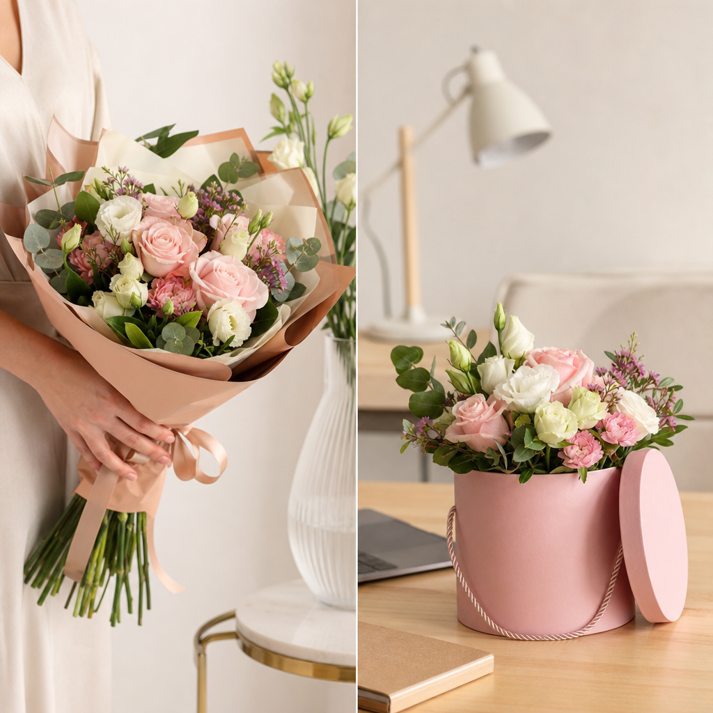 Avantajele aranjamentelor cu flori in cutie fata de buchetele clasice si sa le alegi - Imagine tip comparativ, luminoasă: în stânga un buchet clasic (ambalaj premium, ținut în mână