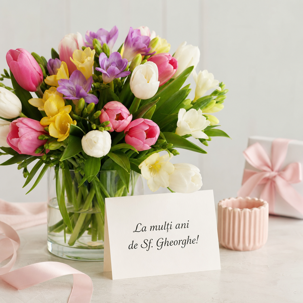 de cadouri pentru Sf. Gheorghe 23 Aprilie - Imagine tip lifestyle, luminoasă, cu un buchet de primăvară (lalele/frezii) și o felicitare simplă pe care se vede textul „La mulți ani