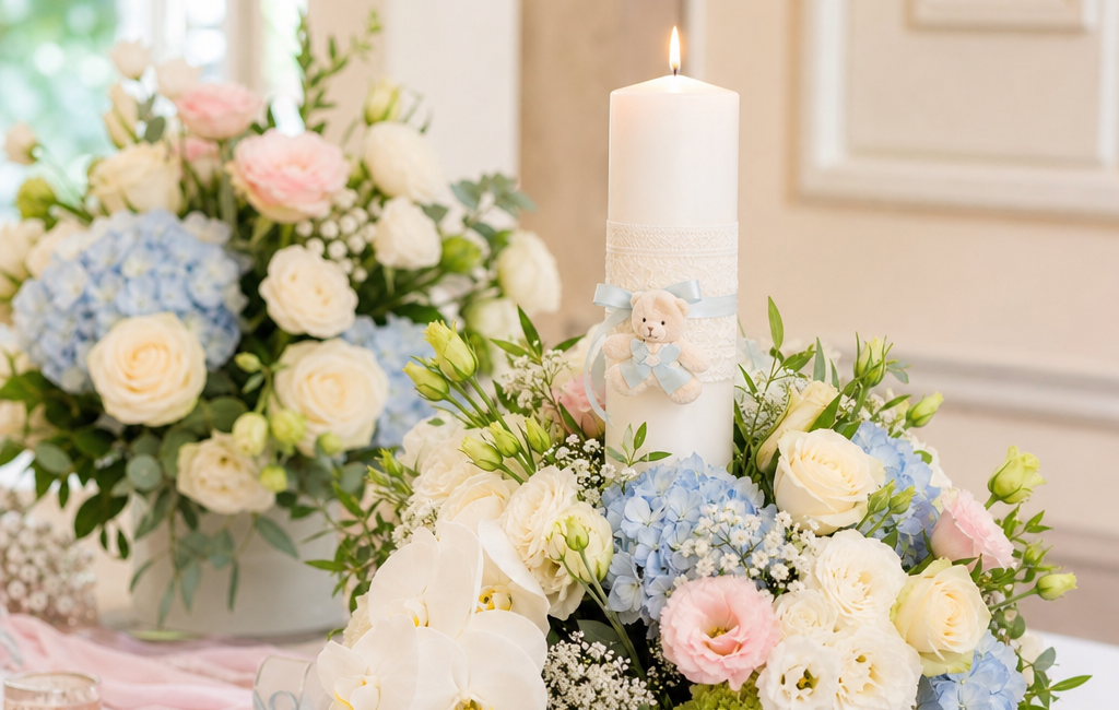 aranjamente florale botez - Fotografie luminoasă cu aranjamente florale de botez în nuanțe pastel, pe o masă elegantă, cu flori albe, roz pal și bleu, verdeață fină și o lumânare d