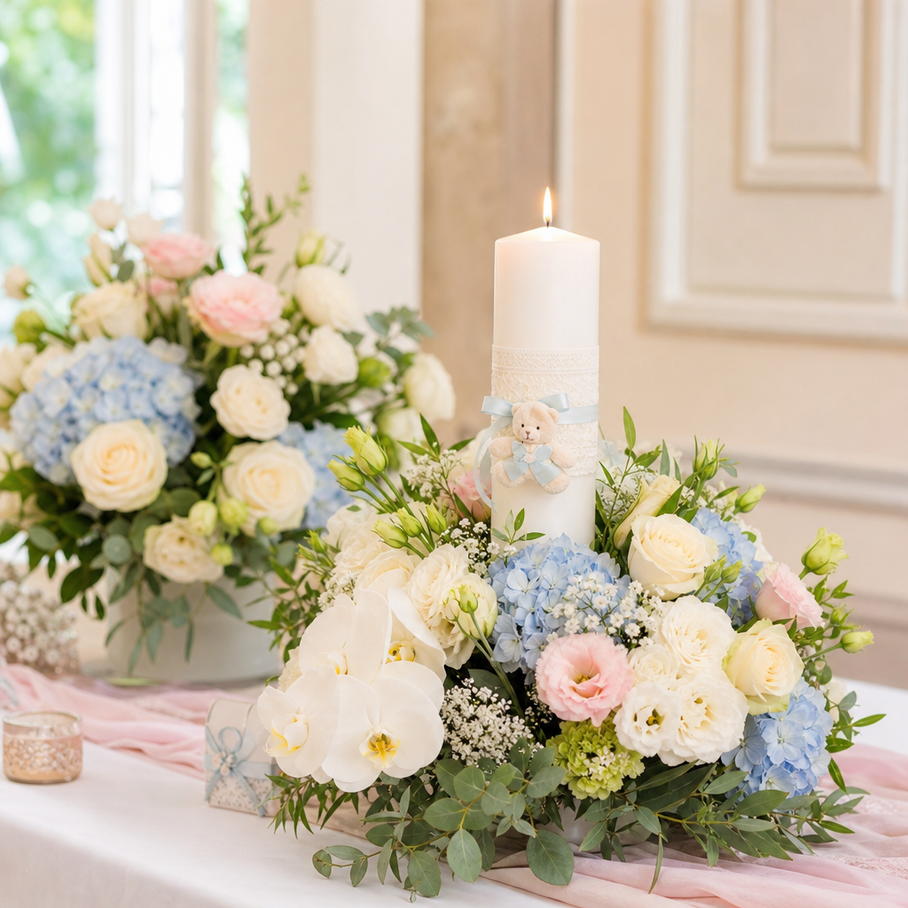 aranjamente florale botez - Fotografie luminoasă cu aranjamente florale de botez în nuanțe pastel, pe o masă elegantă, cu flori albe, roz pal și bleu, verdeață fină și o lumânare d
