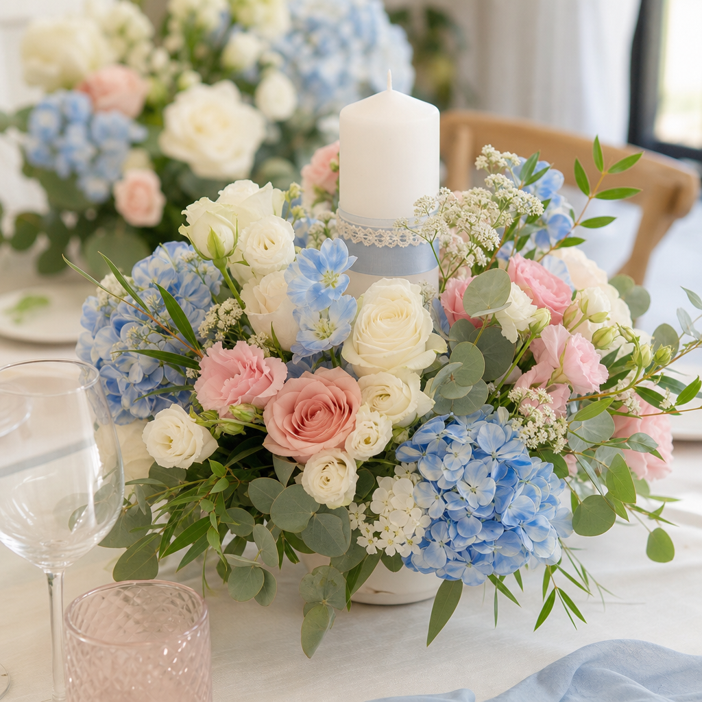 aranjamente florale botez - Fotografie luminoasă cu aranjamente florale de botez în nuanțe pastel, pe o masă elegantă, cu flori albe, roz pal și bleu, verdeață fină și o lumânare d