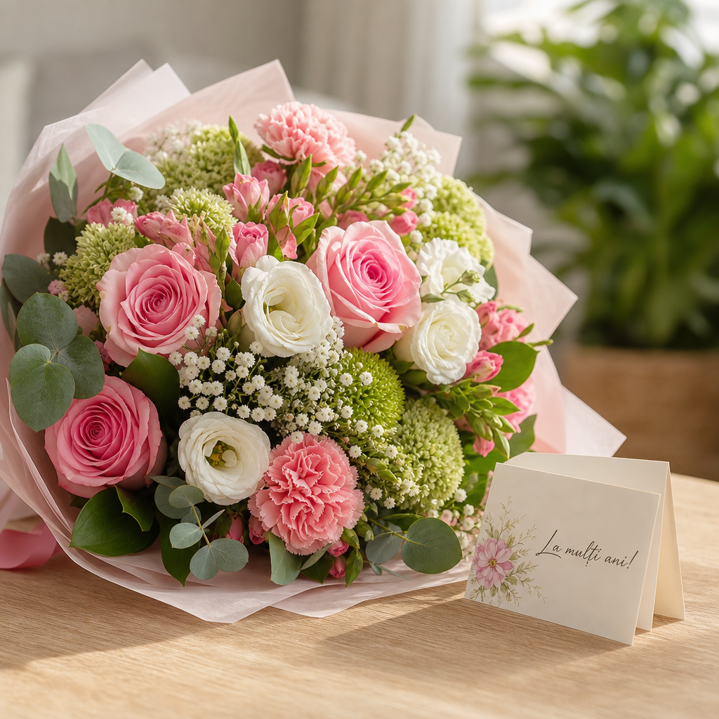 flori - Fotografie luminoasă cu un buchet aniversar elegant, format din flori proaspete în nuanțe de roz, alb și verde, așezat pe o masă simplă, alături de un bilețel cu mesaj de l