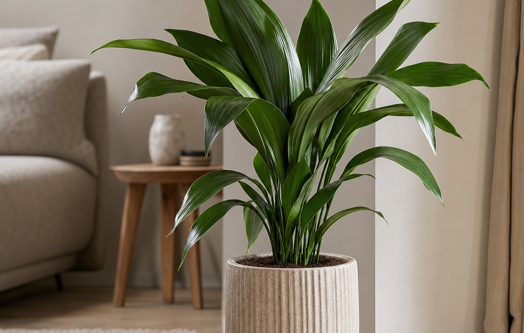 Aspidistre - Fotografie luminoasă, naturală, cu o Aspidistra în ghiveci decorativ, așezată într-un interior modern cu lumină indirectă; fundal simplu, elegant, potrivit pentru un a