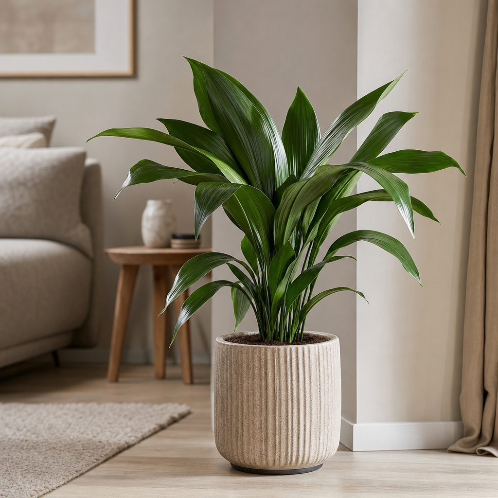 Aspidistre - Fotografie luminoasă, naturală, cu o Aspidistra în ghiveci decorativ, așezată într-un interior modern cu lumină indirectă; fundal simplu, elegant, potrivit pentru un a
