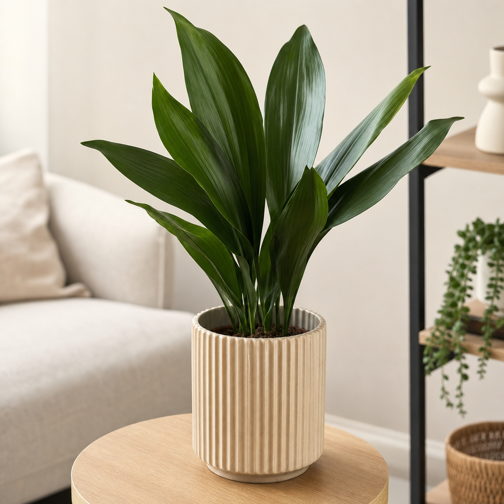 Aspidistre - Fotografie luminoasă, naturală, cu o Aspidistra în ghiveci decorativ, așezată într-un interior modern cu lumină indirectă; fundal simplu, elegant, potrivit pentru un a