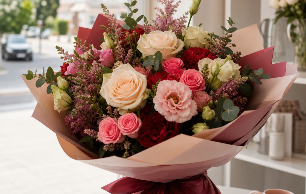 livrare flori Bragadiru - Imagine luminoasă cu un buchet elegant de flori proaspete, trandafiri și flori de sezon, pregătit pentru livrare în Bragadiru; fundal curat, aspect local,