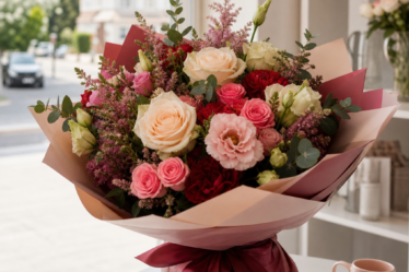 livrare flori Bragadiru - Imagine luminoasă cu un buchet elegant de flori proaspete, trandafiri și flori de sezon, pregătit pentru livrare în Bragadiru; fundal curat, aspect local,