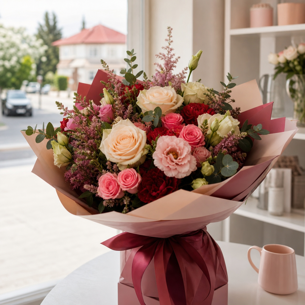 livrare flori Bragadiru - Imagine luminoasă cu un buchet elegant de flori proaspete, trandafiri și flori de sezon, pregătit pentru livrare în Bragadiru; fundal curat, aspect local,