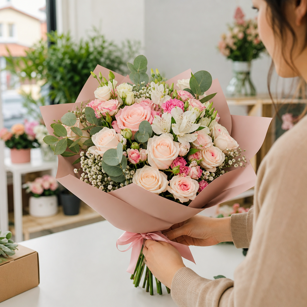 livrare flori Bragadiru - Imagine luminoasă cu un buchet elegant de flori proaspete, trandafiri și flori de sezon, pregătit pentru livrare în Bragadiru; fundal curat, aspect local,